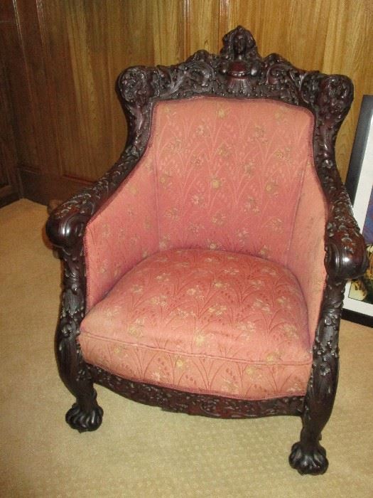 Upholstered chair - very old with carving
