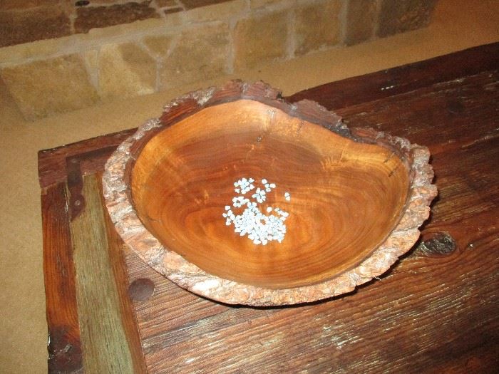 Burl wood bowl - with pieces of turquoise