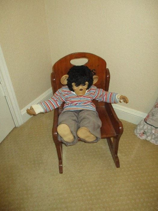 Muggs the Monkey with his own rocking chair (sold together) - his name is engraved on the chair