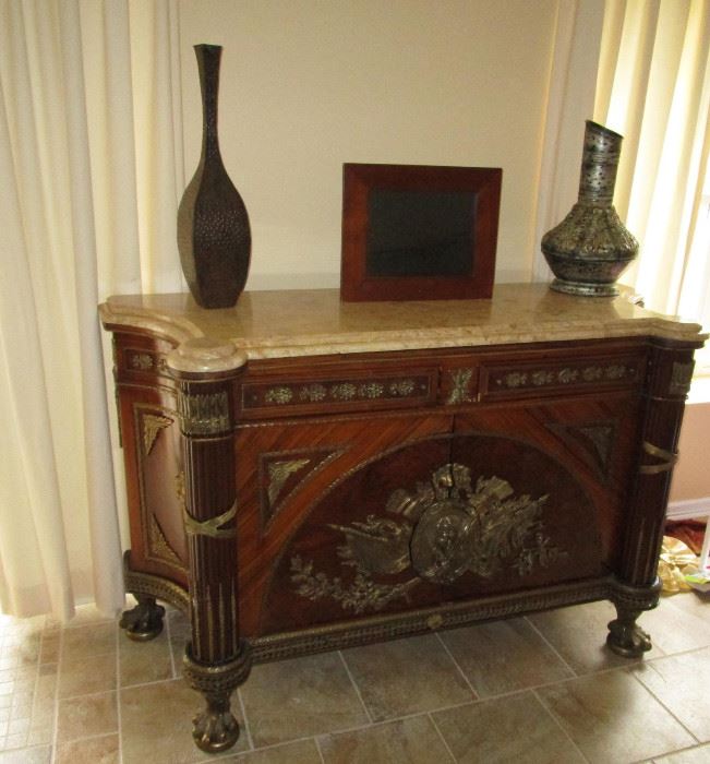 LARGE MARBLE TOP INLAY ORMALU DECORATED CABINET