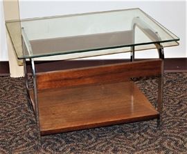 Mid Century Lane End Table In Walnut, Chrome, & Glass