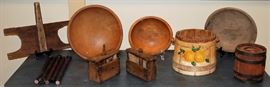 Lot Of Wooden Primitives, Buckets, Butter Molds…