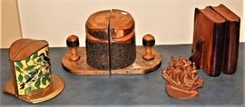 6 Pair Lot Of Antique Bookends Wood, Metal Enamel