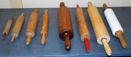 8 Piece Lot Vintage Rolling Pins, Wood, Milk Glass
