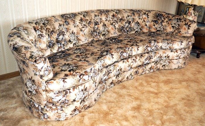 Curved Upholstered Vintage Couch, 99"L, Unique Shape