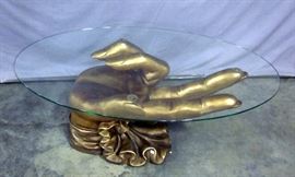 Mid Century Modern Resin Cast Hand Sculpture Coffee Table, 42"L x 26"W x 18"H, Base Measures 30"L x 19"W x 18"H