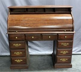 Riverside Furniture Double Pedestal Roll Top Desk, 50"W x 47"H x 22"D, Chipped Wood on Roll Top