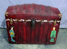 Antique Dome Top Painted Asian Steamer Trunk with Inserts, 34"W x 25.5"H x 19"D
