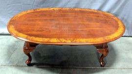Oval Coffee Table with Inlaid Wood Border and Queen Anne Style Legs, 46"L x 25"W x 15"H