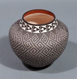 Frederica Antonio, Pueblo Native American Indian, Hand Coiled and Painted Acoma Pottery Pot, Signed "FV Antonio Acoma, NM", 5"H