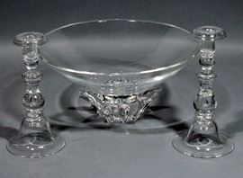 Steuben Glass Peony Centerpiece Bowl Set, 13"Dia x 6.5"H, and Steuben Glass Candlesticks, Qty 2, 9"H