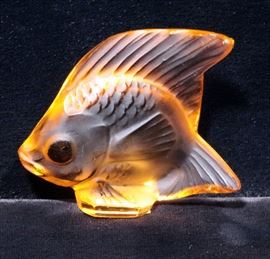 Lalique Orange Crystal Fish Figurine, Signed, 2" x 2"