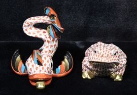 Herend Hungary Hand Painted Rust Orange Fishnet Porcelain Fish and Toad Figurines, #15021 & #5323, 2"-3.5"H