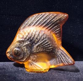Lalique Orange and Gold Crystal Fish Figurine, Signed, 2" x 2"