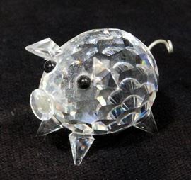 Swarovski Crystal Pigs, Qty 4, #7638 Large Pig, #7657 Small Pigs w/ Wire Tails (2), and Unknown # Small Pig w/ Glass Tail, 3 Include Original Boxes