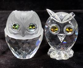 Swarovski Crystal Owls, Qty 4, #7636 Large and Medium Owls, #7654 Small Owl, and Unknown # Small Owl, 3 Include Original Boxes