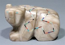 Carved Stone Zuni Bear Fetish Sculpture, with Inlays, Signed but Illegible, 6"L x 4"H
