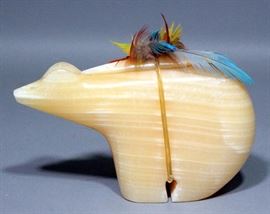 Carved Honey Onyx Zuni Bear Fetish Sculpture, 8"W x 5.5"H