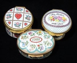 Halcyon Days Enamels Trinket / Pill Boxes, Qty 3, "1988", "I Love You", and "For Mother with Love"