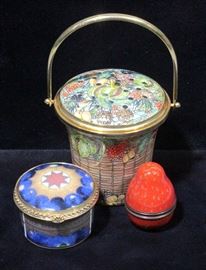 Halcyon Days Enamels Basket with Pierced Lid, 2.5"H, Halcyon Days Enamels Strawberry Trinket / Pill Box, and Royal Worcester Millennium Box