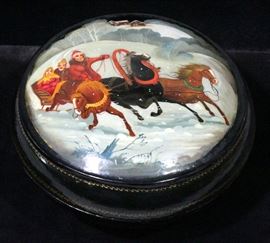 Russian Hand Painted 3-Horse Sleigh Sleigh Ride Log Cabin Round Lacquer Box, 5.5"Dia