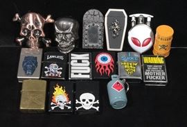 Assorted Novelty Lighters, Qty 16, Skulls, Tombstones, Poison Cans, More