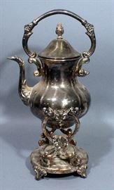 Sheridan Silver Plate Ornate Tilting Teapot with Warming Stand, Sheridan EP Brass Silver Plate Footed Coffee/Tea Pots, and Mariposa Tray