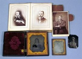 Antique Tintype with Case Portrait of Woman, Some Damage to Photo, Framed Tintype of Man, 2" x 2.5", and Photo Album with Antique Photos