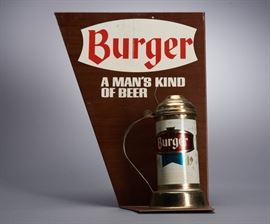 Offered is a Burger Beer Golden Stein Sign. Burger Beer was brewed in Cincinnati, Ohio. The tin sign is about 14" tall. It shows some minor pitting and scrapes to the stein. The original sign came with directions (not included) on how you could buy your own Golden Beer Stein for just a $1. Please see the photos for more details.