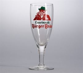 Offered is a rare Cincinnati Burger Brau glass. The logo on the front of the glass is in great condition. There is one bubble inside of the glass but there are no chips. Please see the photos for more details.
