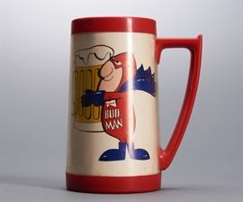 Offered is a vintage Thermo Serv Bud Man plastic beer mug. Bud Man was first introduced in 1969 and first cataloged in 1975. This thermos holds 16oz and is in good condition. There is some staining and fading at the bottom. Please see the photos for more details.