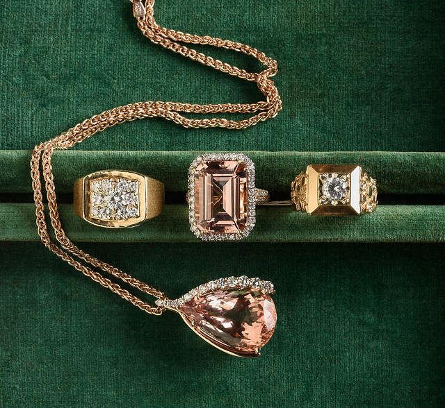 Peach color fabulous Morganite and diamond ring and perdant in 14k rose gold mounts, rose gold chain, two 14k and diamond men's rings