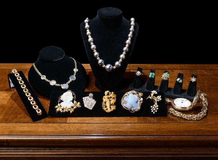 Brooches and necklaces include tiger eye, cameo, emerald rings, large pocket watch, 14 and 18k bracelets, sterling beads and more.