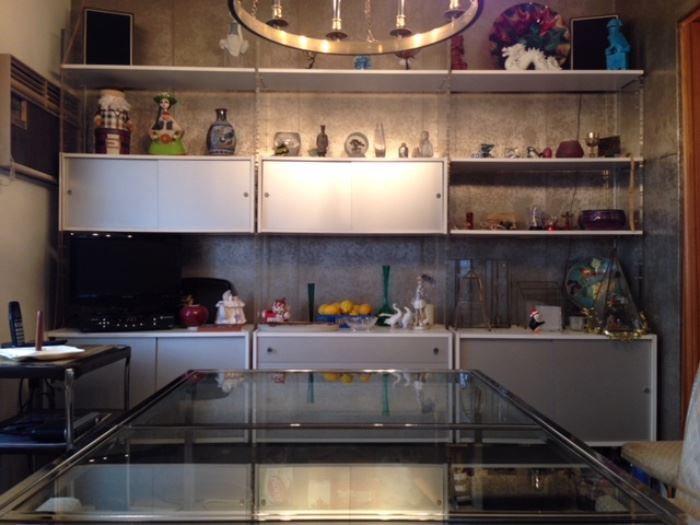 Mid-century wall unit with cabinets & shelving . Chrome & glass