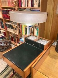 Amazing Herman Miller leather top end table with attached lamp & planter