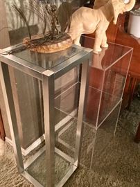 Lucite cube tables & chrome & glass pedestal 