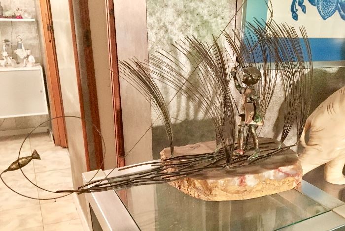 Vintage Bijan metal sculpture -Boy Fly Fishing
