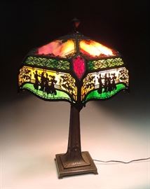 Best Antique Panel Lamp with Filigree Scene! C1920's