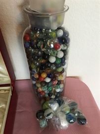 Old Medicine Jar Ground Stopper filled With Old Marbles and a bag of Large Shooter Marbles