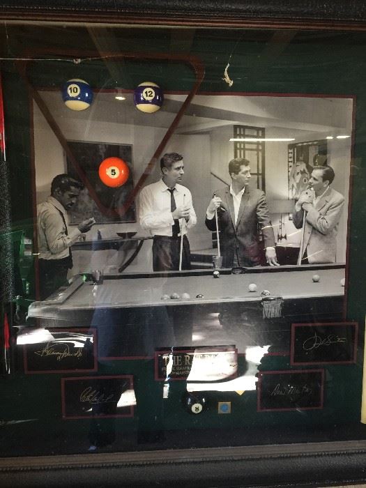 Rat Pack framed wall art with Laser Engraved Signatures of Frank Sinatra, Dean Martin, Sammy Davis Jr,and Peter Lawford 
Museum Quality Framed with authentic billiards memorabilia to an overall size of approx 40x38"