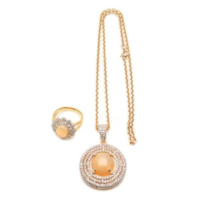 Orianne Sterling Silver Opal and White Topaz Ring and Necklace: An Orianne sterling silver opal and white topaz ring and necklace.