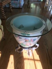 Glass top table with Asian ceramic pot and brass ornamental stand