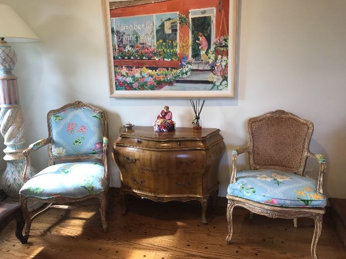 Bombay chest with pair of custom upholstered antique Bergére chairs