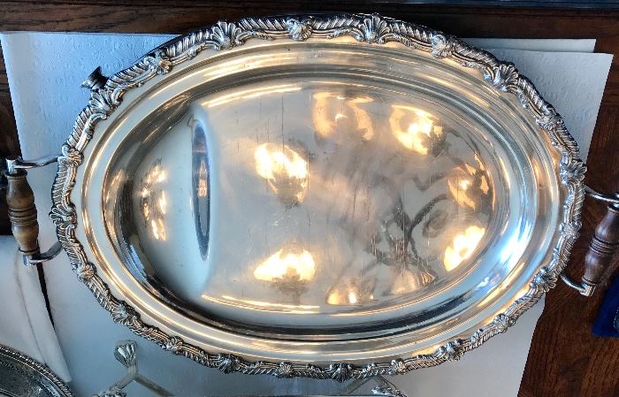 Large silver handled warming tray