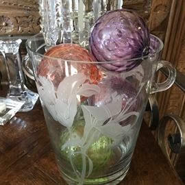 Etched art glass ice bucket