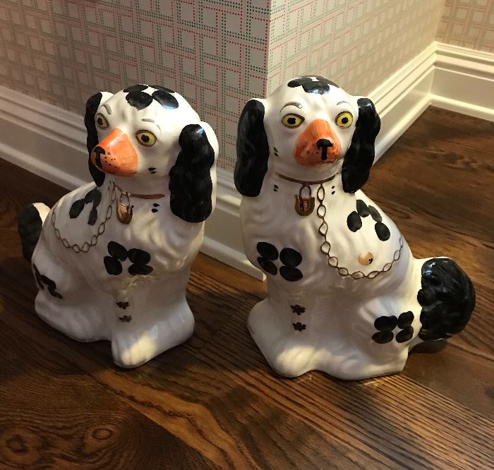 Pair of Staffordshire black and white dogs