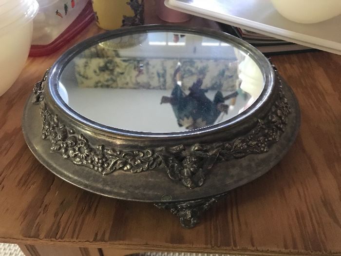 Antique silver plate footed plateau mirror 