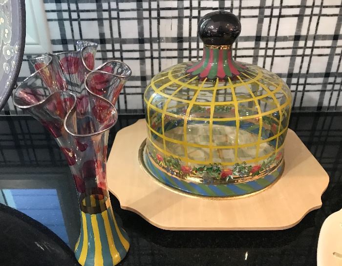 MacKenzie-Childs 'Circus' cake dome with wood charger plate