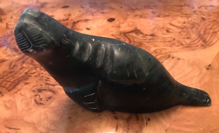 Intuit Eskimo carved soapstone sculpture signed by artist, Russ Parkinson, Canada