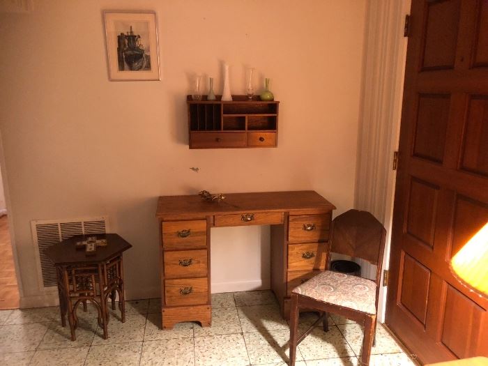 Teak Table, Maple Desk, Vanity Chair, Wall Shelf 